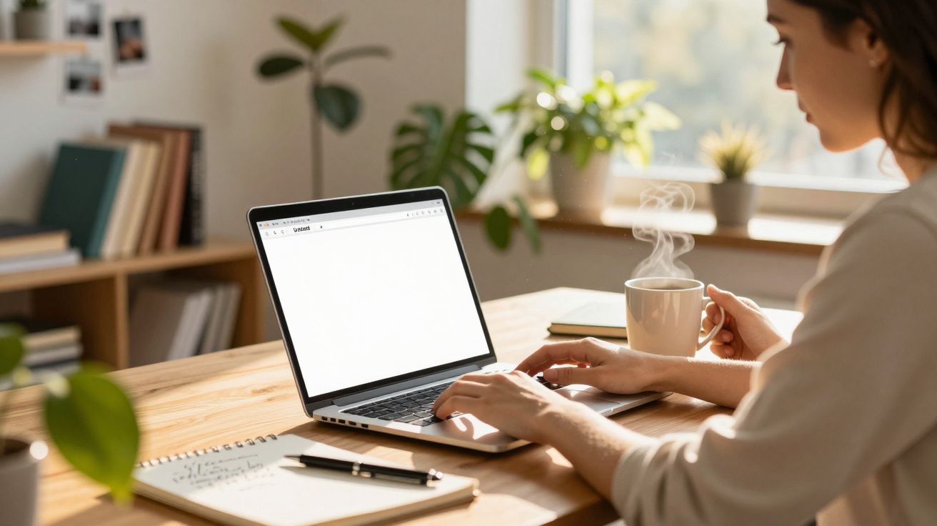 Pessoa a trabalhar num computador portátil junto a uma mesa com caderno, caneta e chá quente numa sala iluminada.