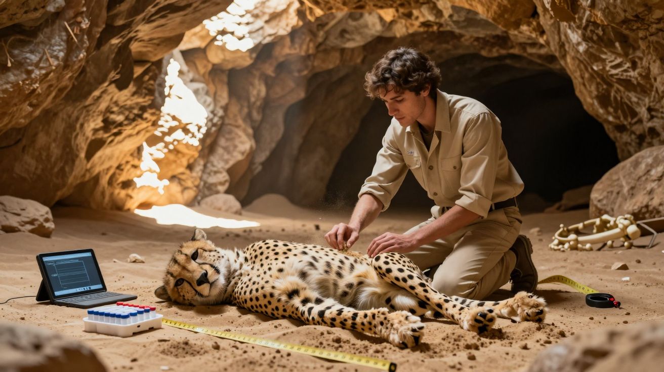 Homem a estudar um guepardo deitado dentro de uma caverna com equipamento científico ao lado.