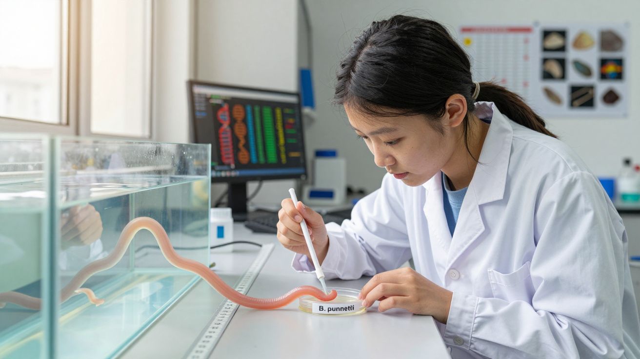 Cientista com bata branca a estudar verme marinho B. punnetti em laboratório com monitor científico.