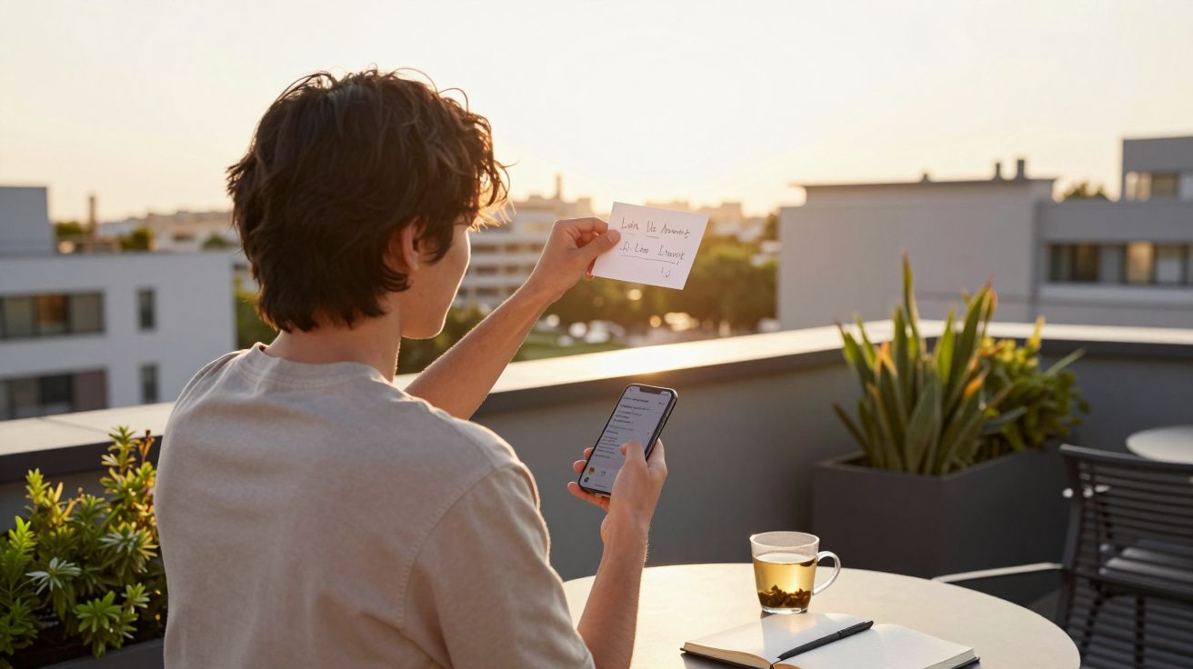 Pessoa sentada numa varanda ao pôr do sol, segurando um cartão e um telemóvel, com chá e caderno na mesa.