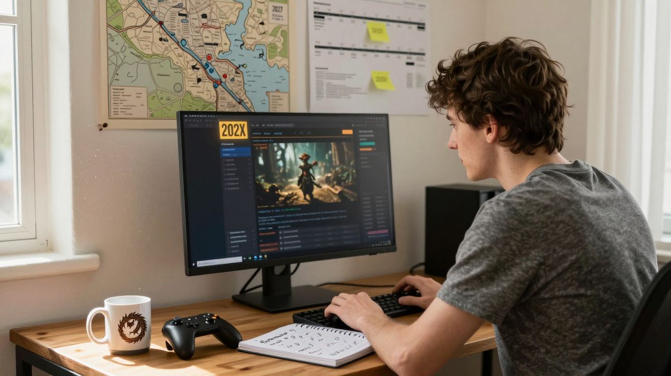 Jovem sentado num escritório a trabalhar num computador com videojogo aberto na ecrã.