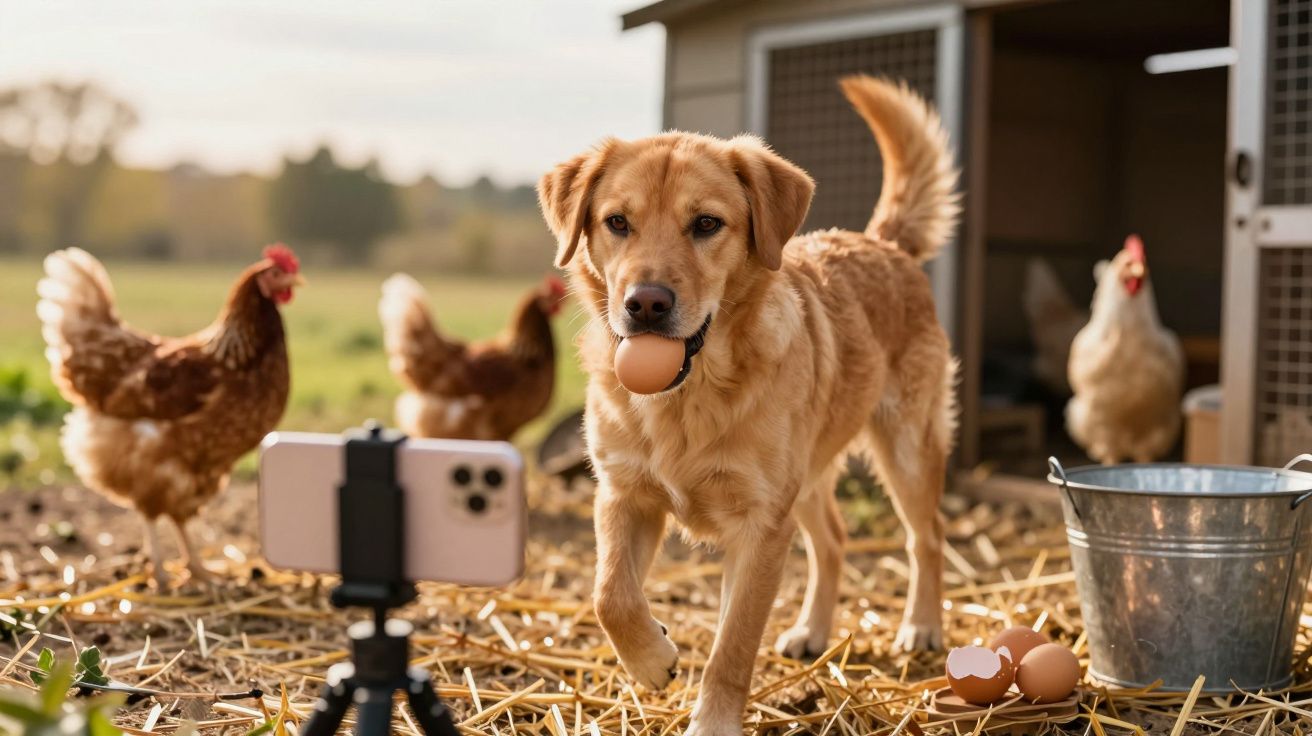 Cão dourado com ovo na boca num galinheiro com galinhas e equipamento de filmagem.