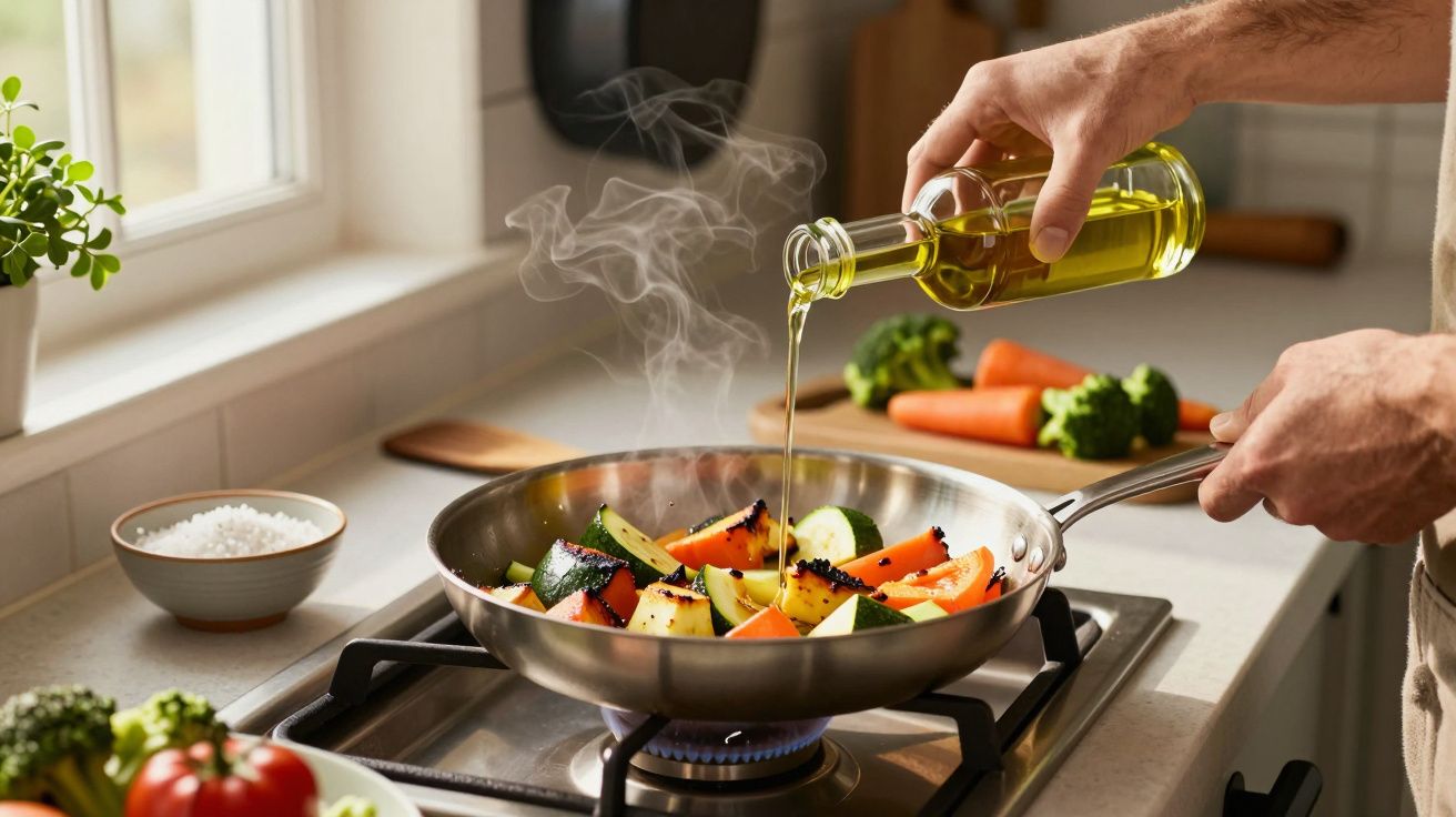 Mãos a deitar azeite numa frigideira com legumes a cozinhar num fogão doméstico a gás.