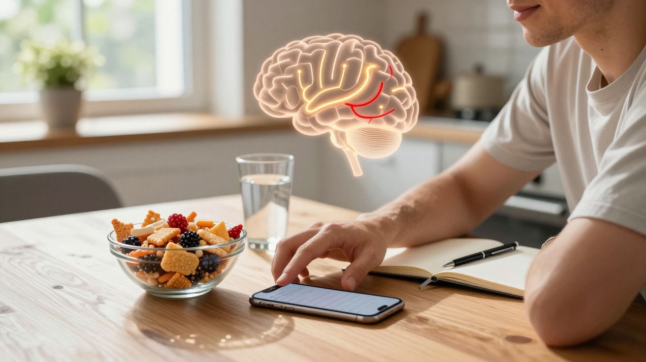 Pessoa a usar telemóvel numa mesa com caderno, copo de água, taça de frutas e ilustração de cérebro no ar.