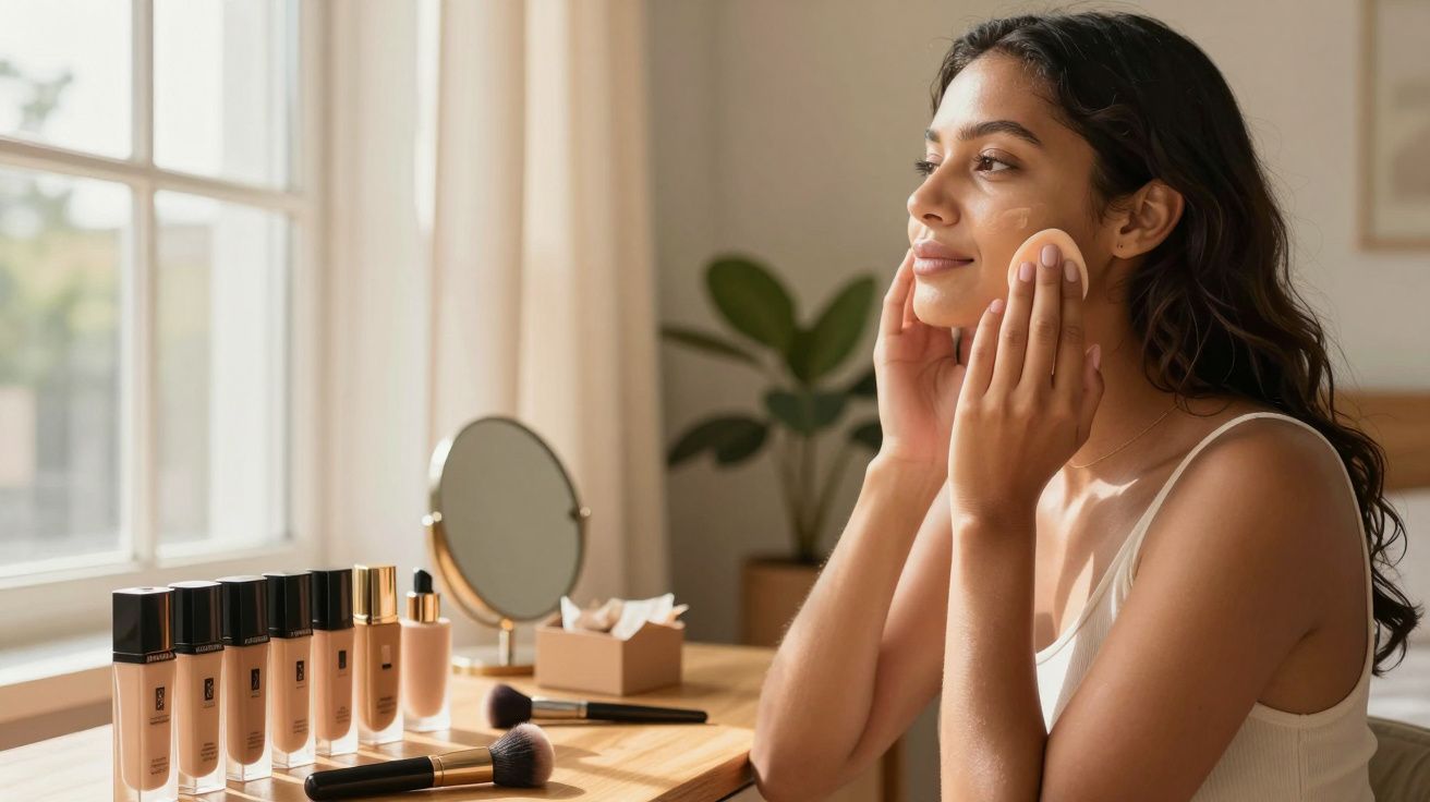 Mulher a aplicar maquilhagem com esponja num quarto iluminado, com vários produtos e pincéis numa mesa de madeira.