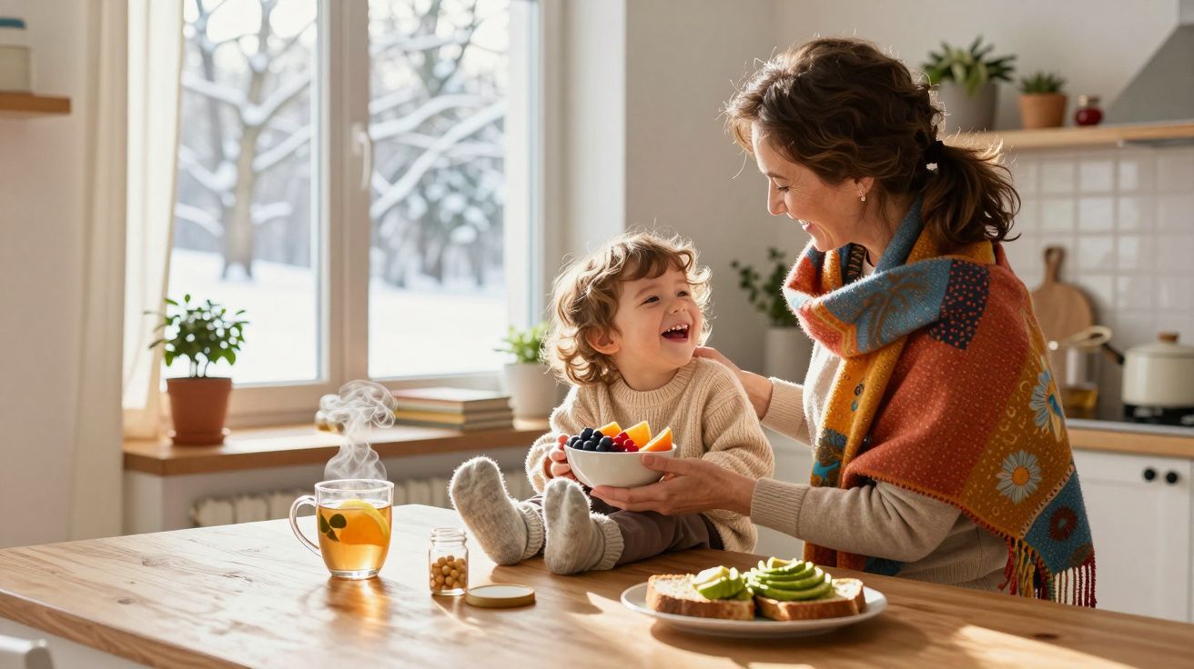 Mãe e filho sentados à mesa na cozinha, partilhando frutas e chá quente num dia frio de inverno.