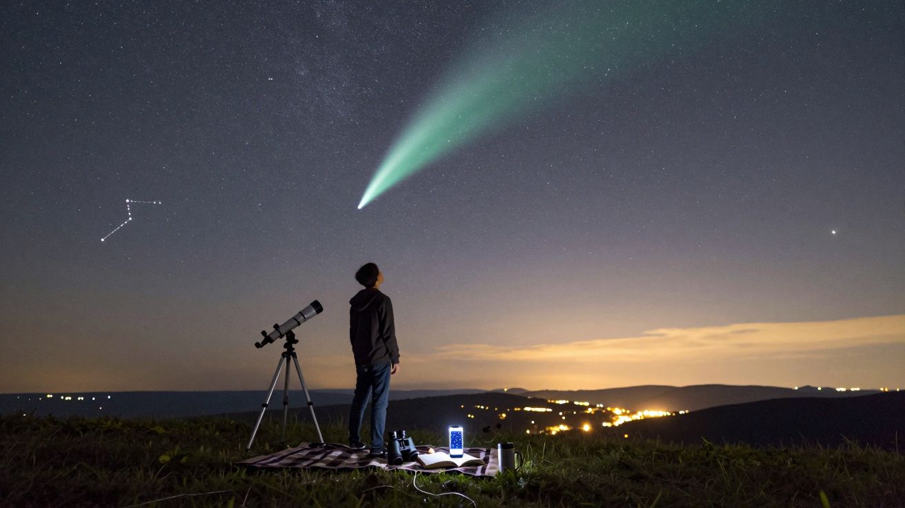 Pessoa observa cometa brilhante no céu noturno, com telescópio e equipamento de observação na relva.