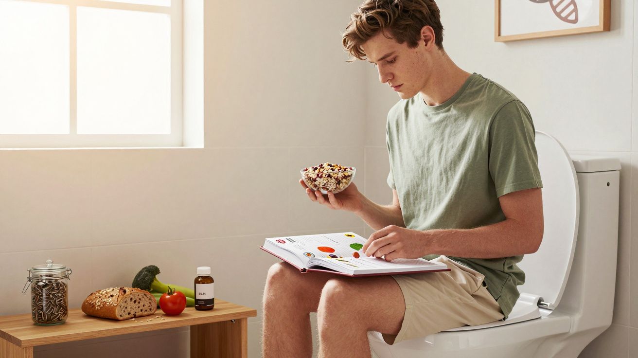 Jovem sentado na sanita a ler um livro e a segurar uma taça de cereais numa casa de banho iluminada.