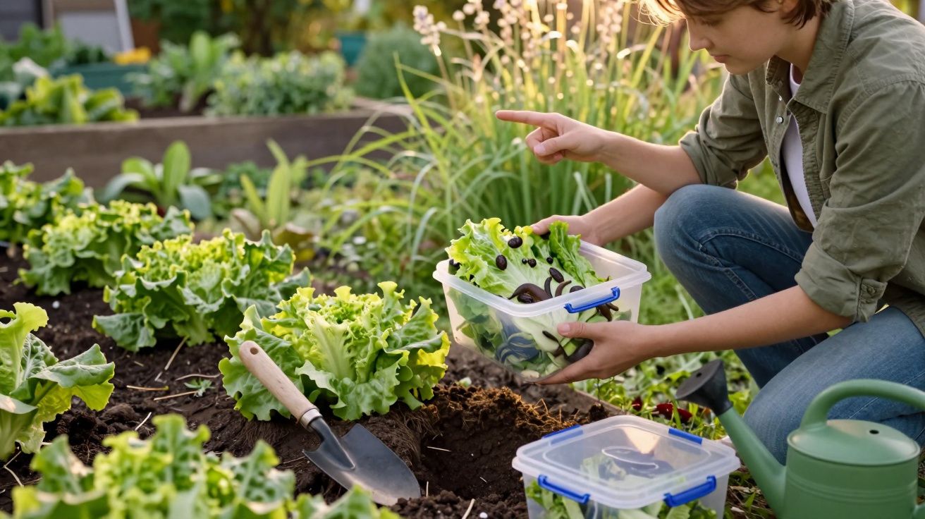 Pessoa a recolher folhas de alface infestadas com caracóis num jardim hortícola.