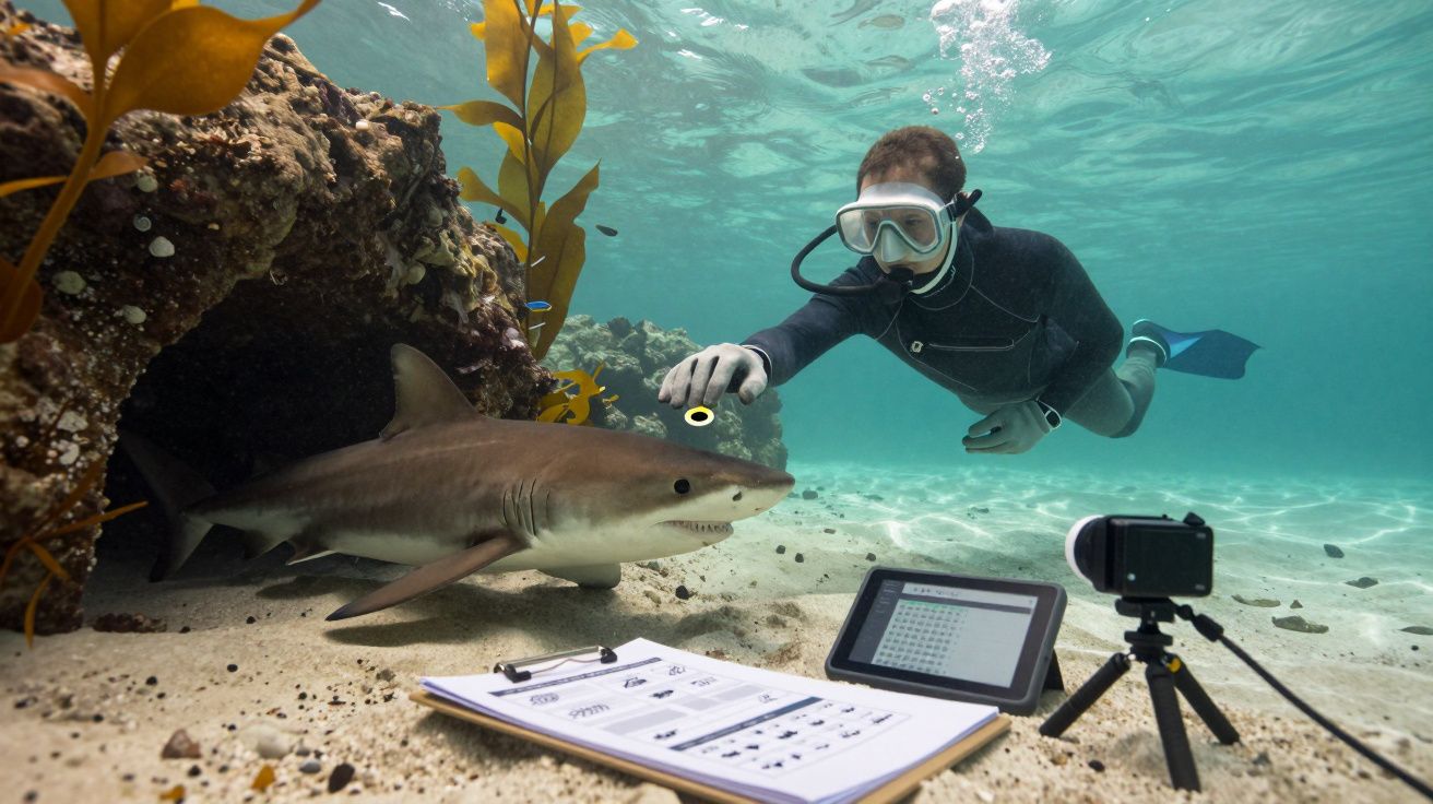 Mergulhador a examinar um tubarão perto de um recife com equipamento de gravação e documentação subaquática.
