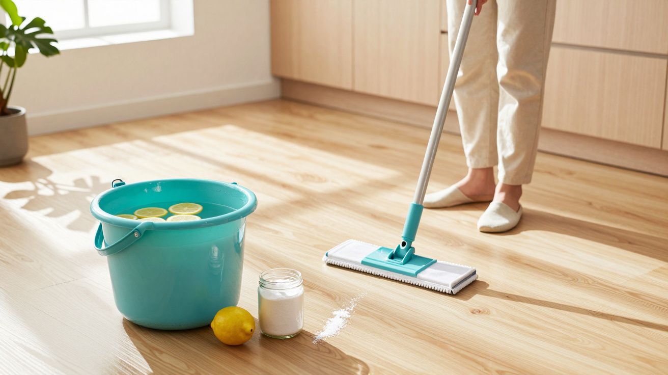 Pessoa a limpar chão de madeira com esfregona azul e balde com água e limões ao lado.