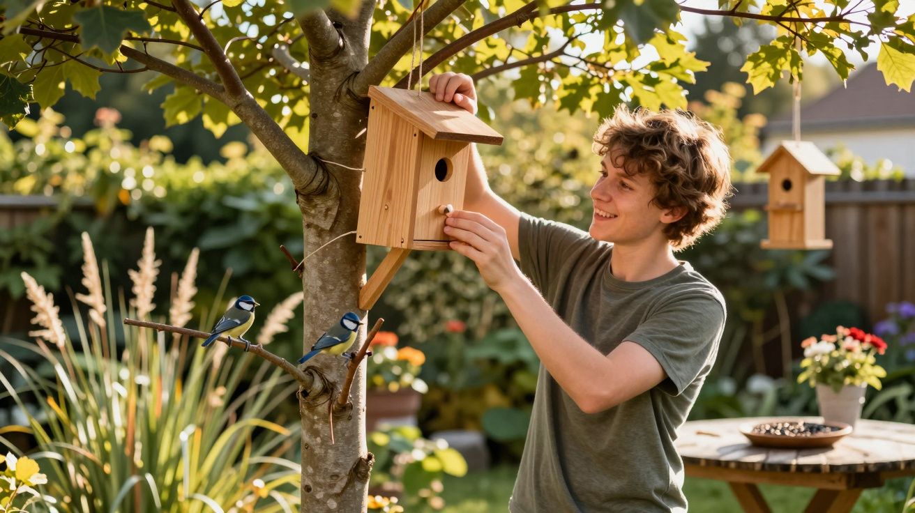 Rapaz a instalar uma casa de aves numa árvore num jardim com pássaros azuis por perto.