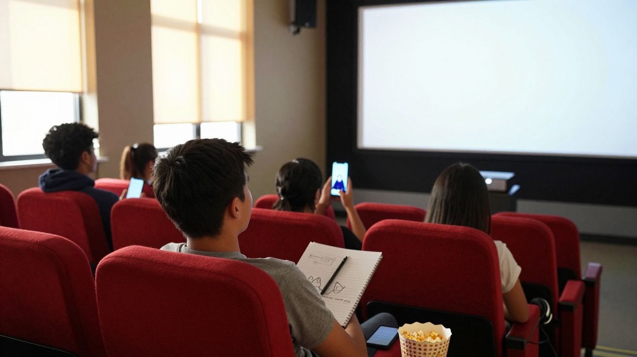 Pessoas sentadas em cadeiras vermelhas numa sala escura, algumas com telemóveis, uma com bloco de notas e uma caixa de pipoca