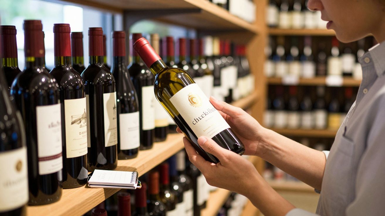 Pessoa a segurar uma garrafa de vinho tinto numa adega com prateleiras cheias de garrafas.