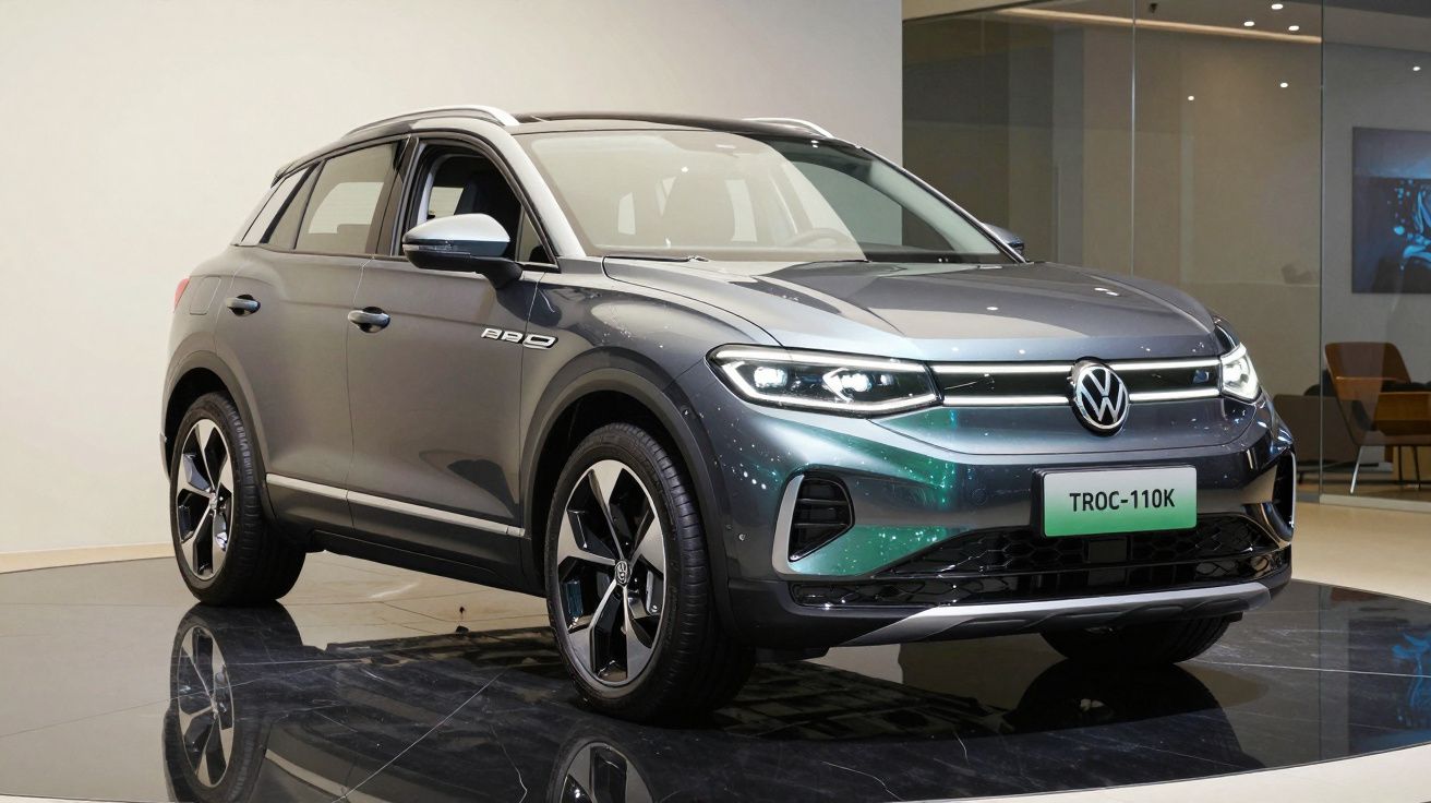 Carro Volkswagen T-Roc 110K cinza estacionado em exposição moderna com chão espelhado.