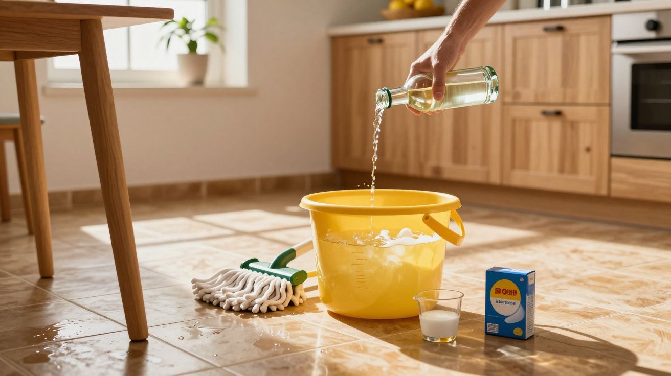 Mão a verter líquido numa bacia amarela junto a esfregona, detergente e copo com pó de limpeza no chão da cozinha.