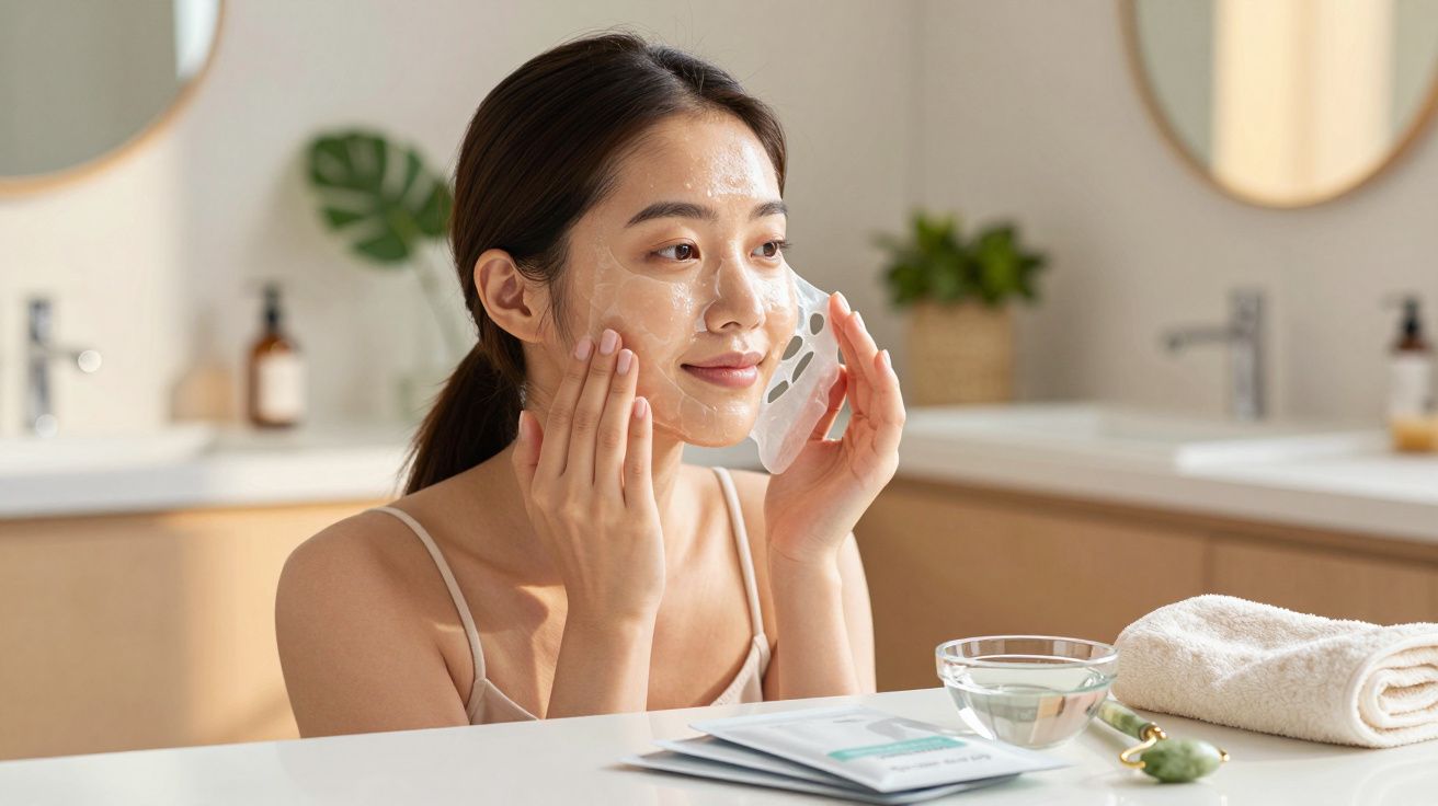 Mulher a aplicar máscara facial hidratante num ambiente de casa de banho com toalha e produtos de beleza.