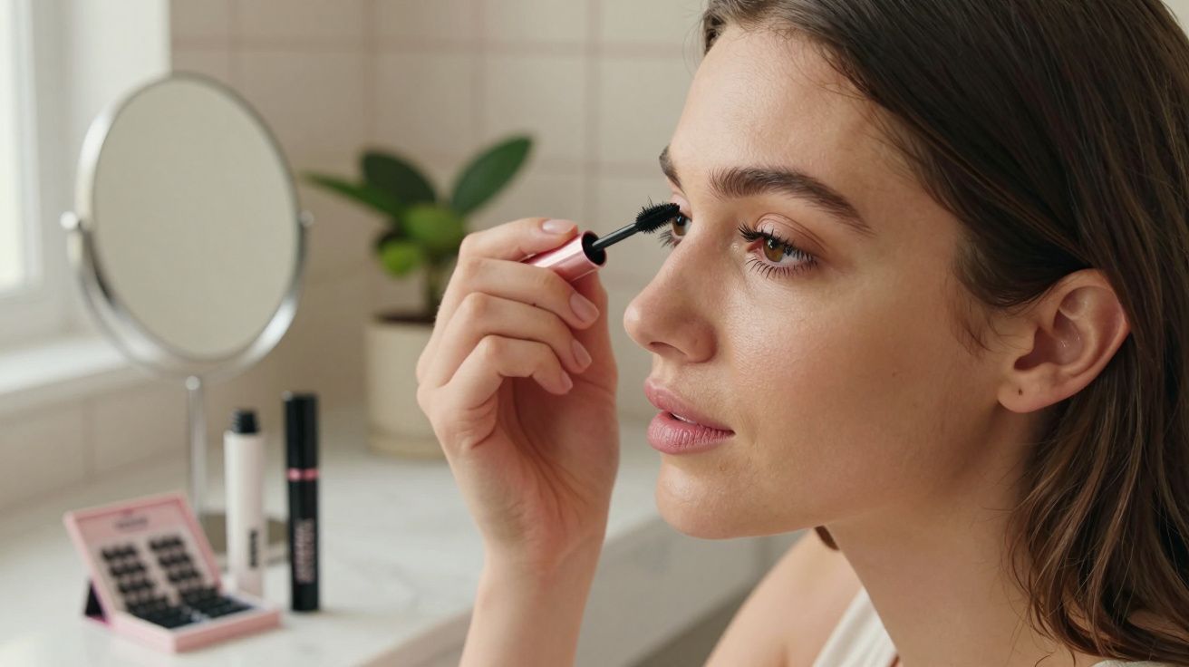 Mulher jovem a aplicar máscara de pestanas num ambiente luminoso com espelho e maquilhagem ao fundo.