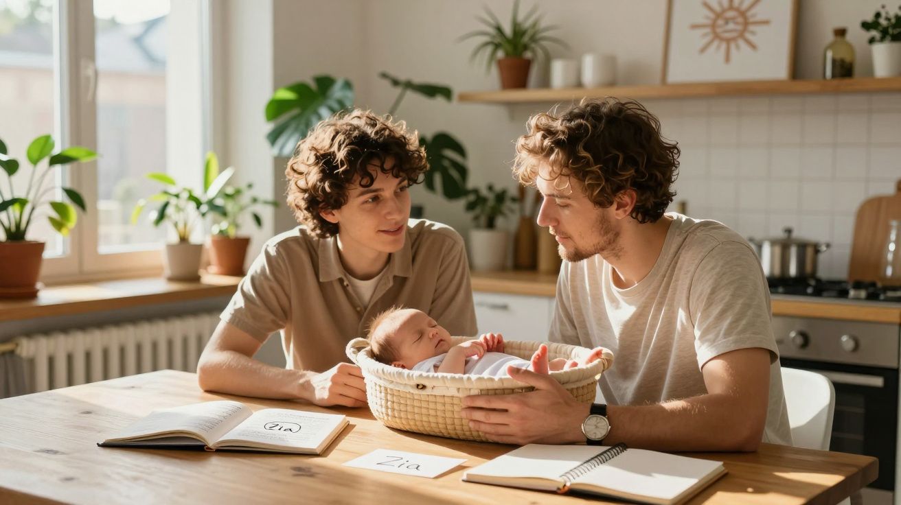 Dois homens a olhar carinhosamente para um bebé num cesto, numa cozinha iluminada e com plantas.