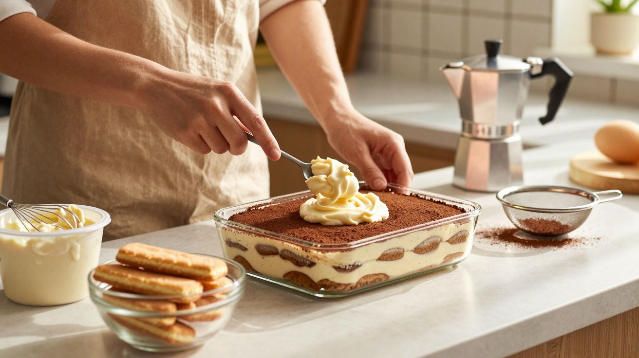 Pessoa a preparar tiramisù num recipiente quadrado de vidro numa cozinha luminosa, com ingredientes à volta.