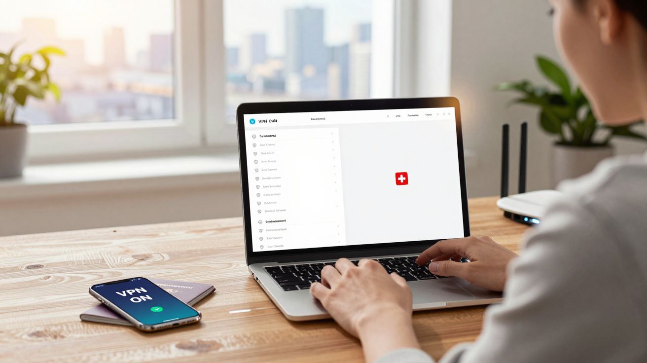 Pessoa a usar computador portátil com aplicação VPN ligada, smartphone com mensagem "VPN ON" numa mesa de madeira.