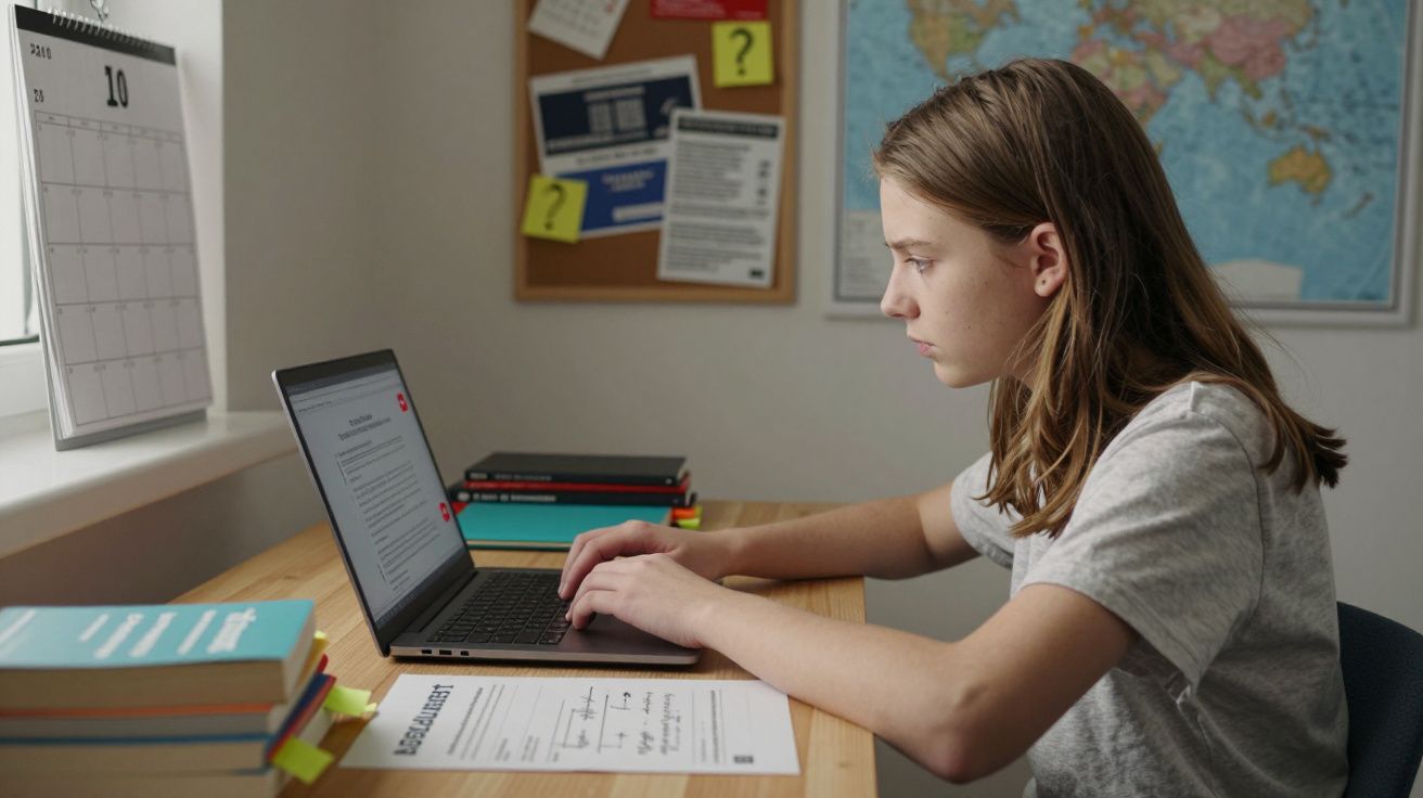 Jovem com camisa cinza sentada numa secretária a estudar com um portátil, livros e documentos.