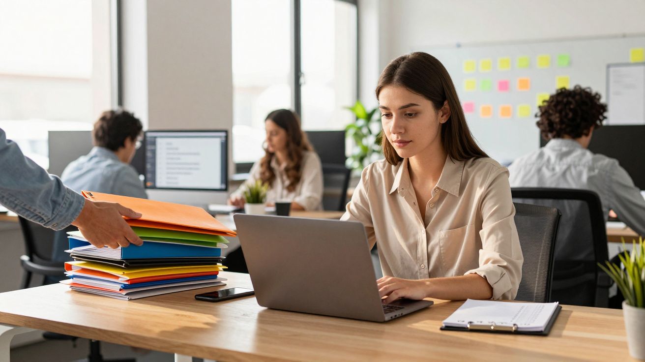 Mulher jovem a trabalhar num portátil numa mesa de escritório, com colegas ao fundo e vários ficheiros coloridos.