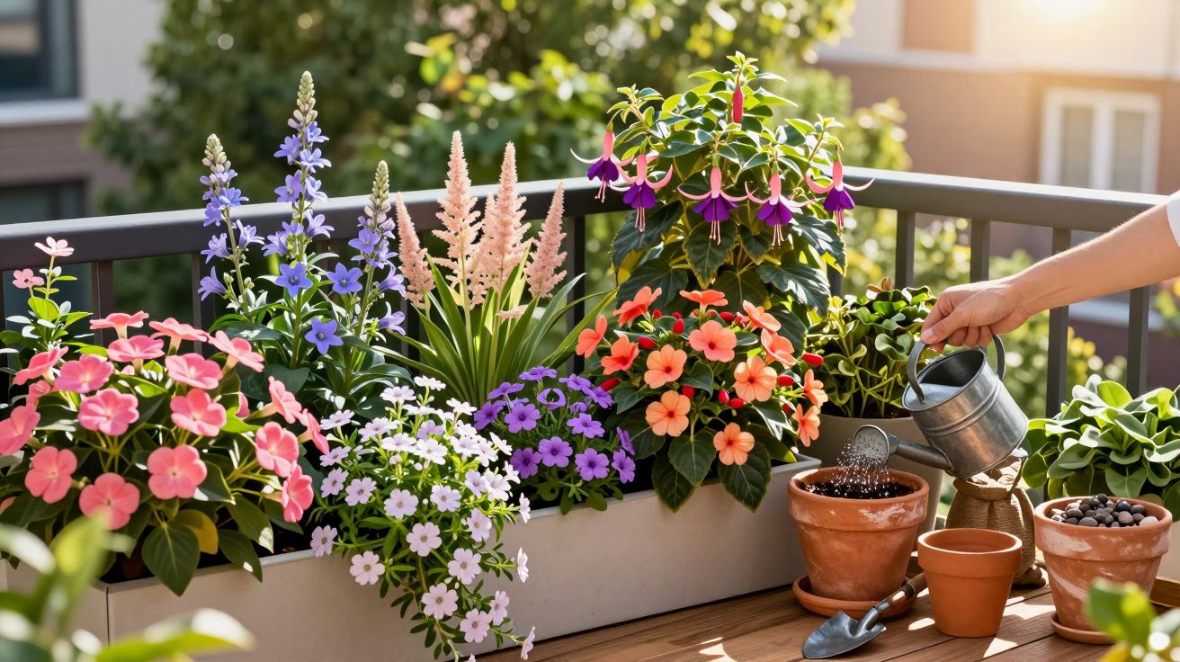Mão a regar planta num jardim de varanda com várias flores coloridas em vasos.