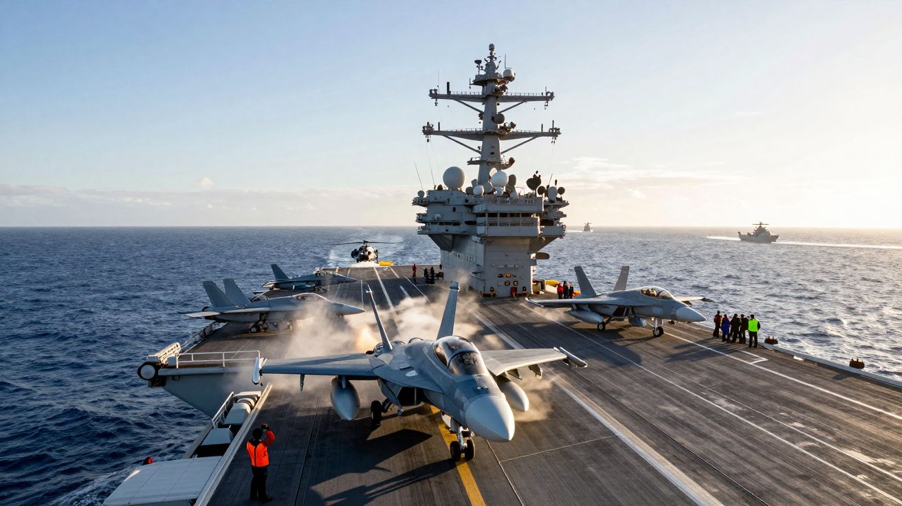 Porta-aviões no mar com jatos de combate estacionados no convés e tripulação a bordo ao amanhecer.