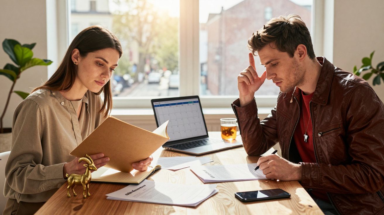 Dois jovens a trabalhar juntos numa mesa, consultando documentos e um computador portátil numa sala iluminada.
