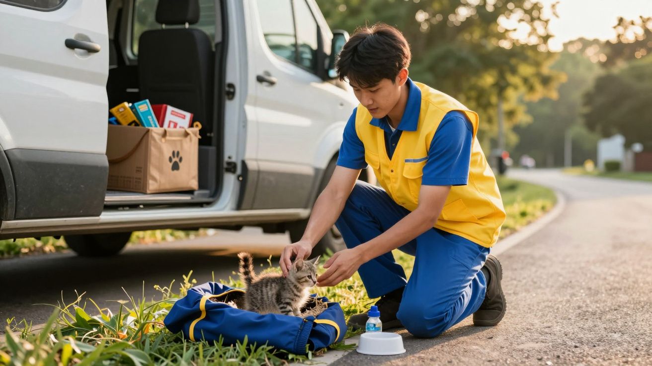 Jovem com uniforme alimenta um gato numa mochila, ao lado de uma carrinha aberta numa estrada.