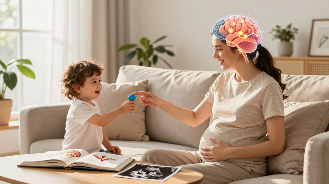 Mulher grávida e criança a brincar sentados no sofá, com ilustração do cérebro na cabeça da mulher.