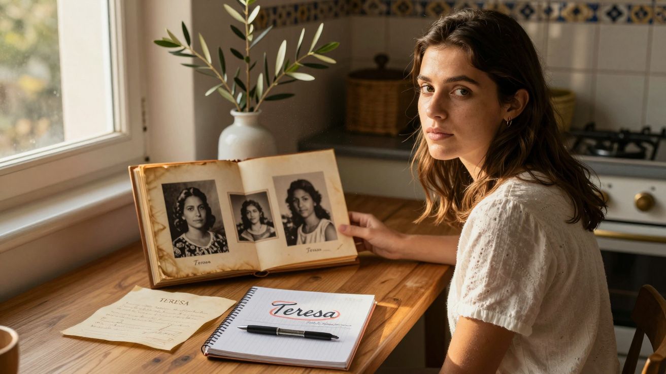 Mulher sentada à mesa a olhar álbuns fotográficos e notas com o nome Teresa numa cozinha iluminada.