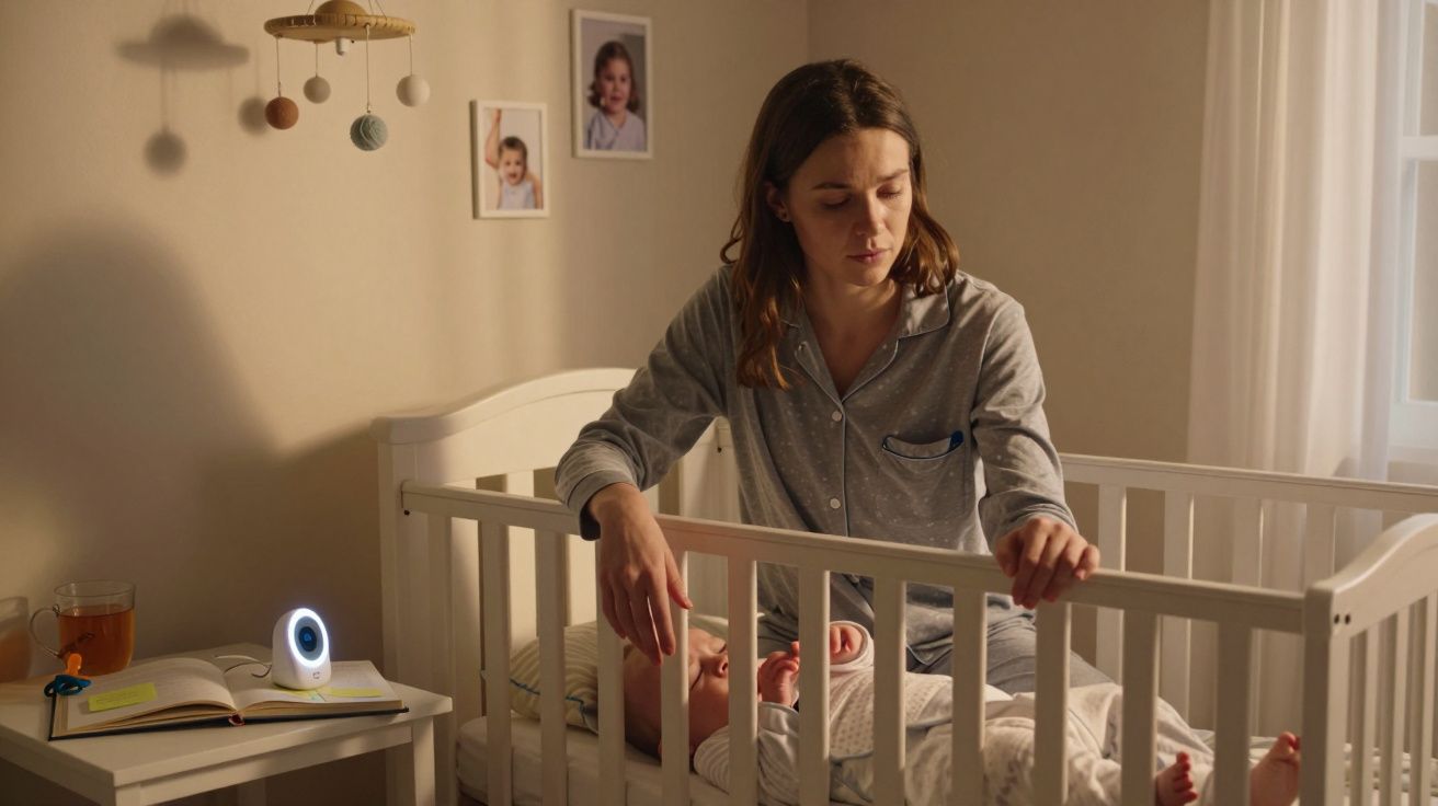 Mulher de pijama sentada ao lado de berço, olhando preocupada para bebé deitado no quarto com luz suave.