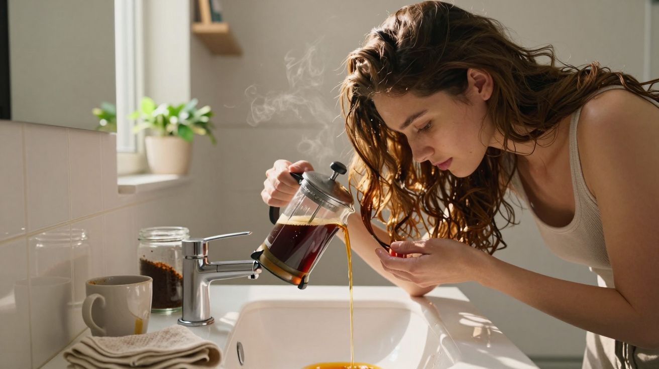 Mulher a verter café acabado de fazer numa jarra de vidro sobre uma pia branca numa casa de banho iluminada.
