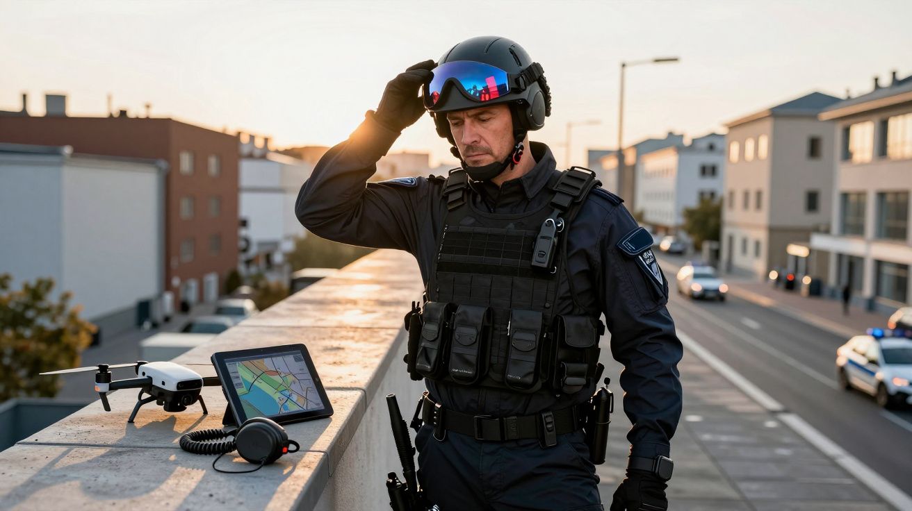 Polícia em equipamento táctico com drone, tablet e auscultadores patrulha rua urbana ao final da tarde.