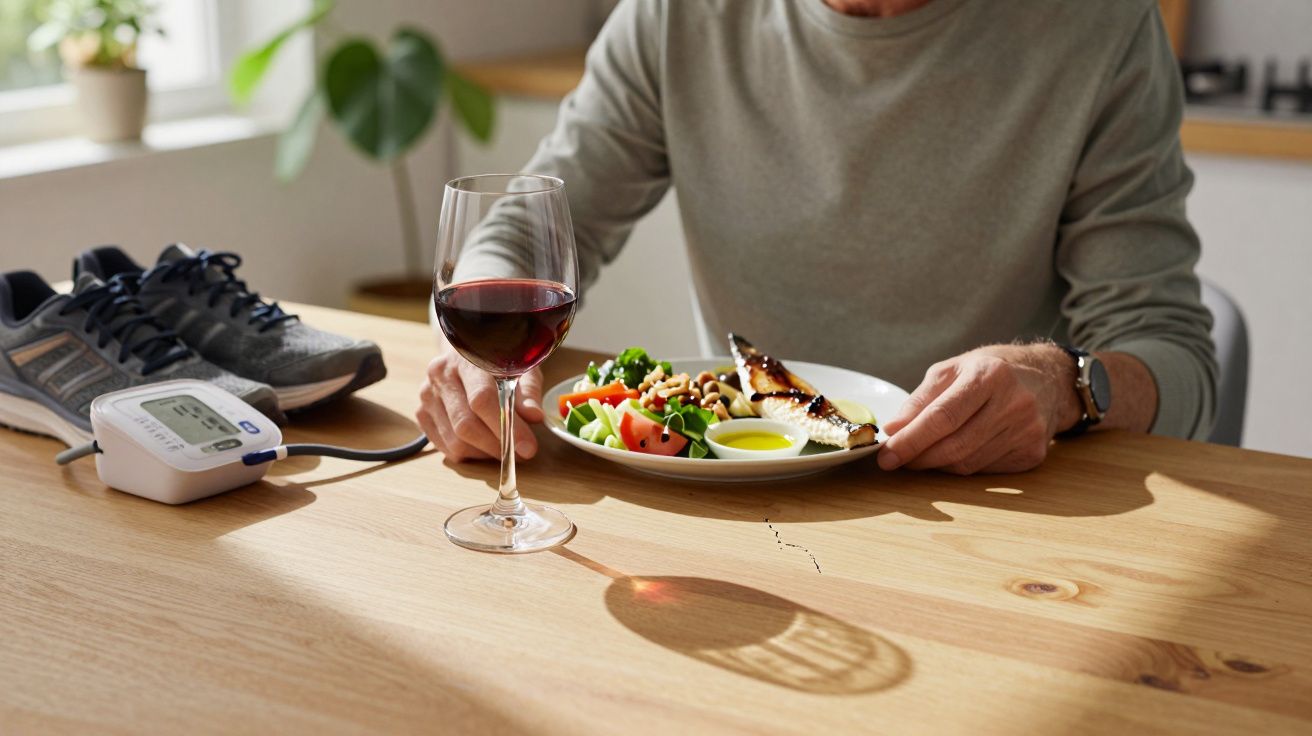 Pessoa com camisa cinzenta sentada à mesa com prato de salada e peixe grelhado, copo de vinho tinto e monitor de tensão.