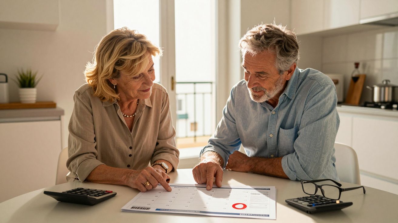 Casal sénior sentado à mesa na cozinha a apontar para um calendário e usar calculadora para organização.