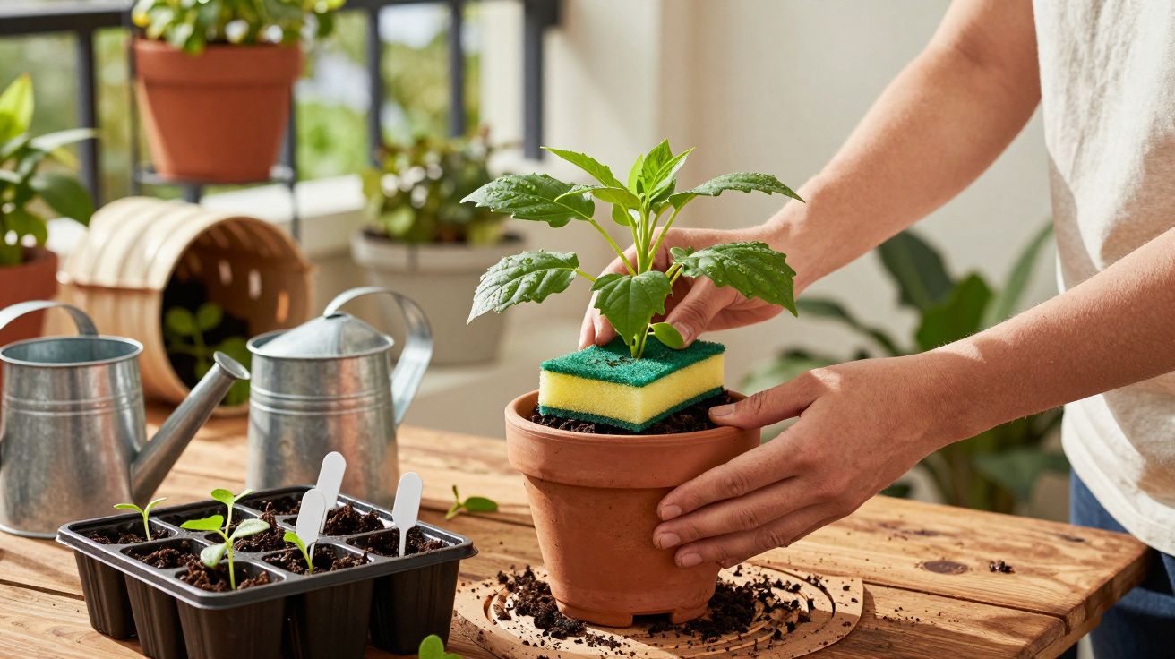 Pessoa a cuidar de planta em vaso de barro com esponja, regadores e mini plantas numa mesa de madeira.