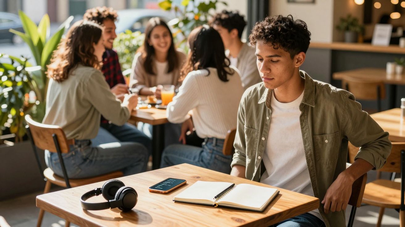 Jovem sentado sozinho numa mesa com caderno, telefone e auscultadores, enquanto grupo socializa ao fundo.