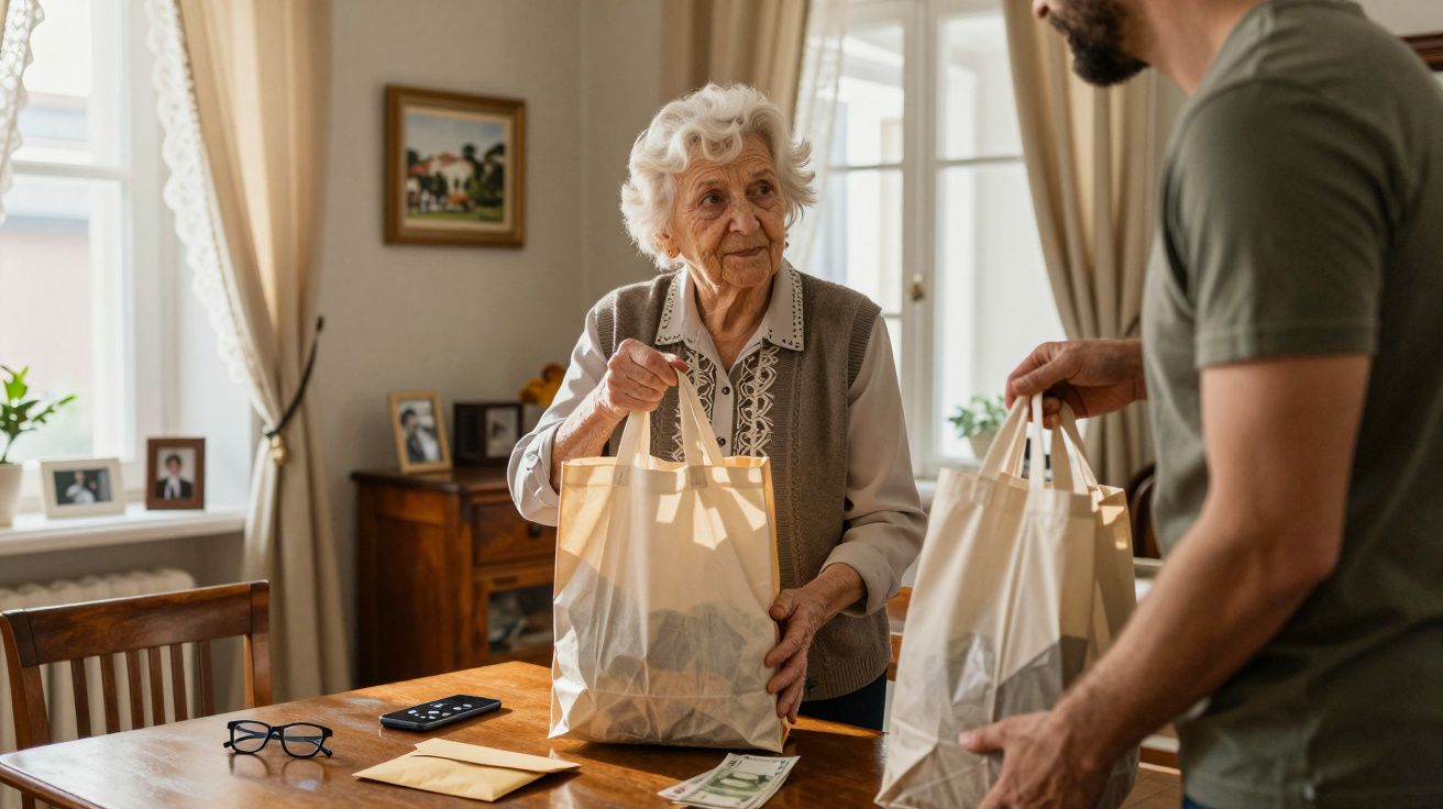 Idosa a receber sacos de compras de homem numa sala de estar luminosa e acolhedora.