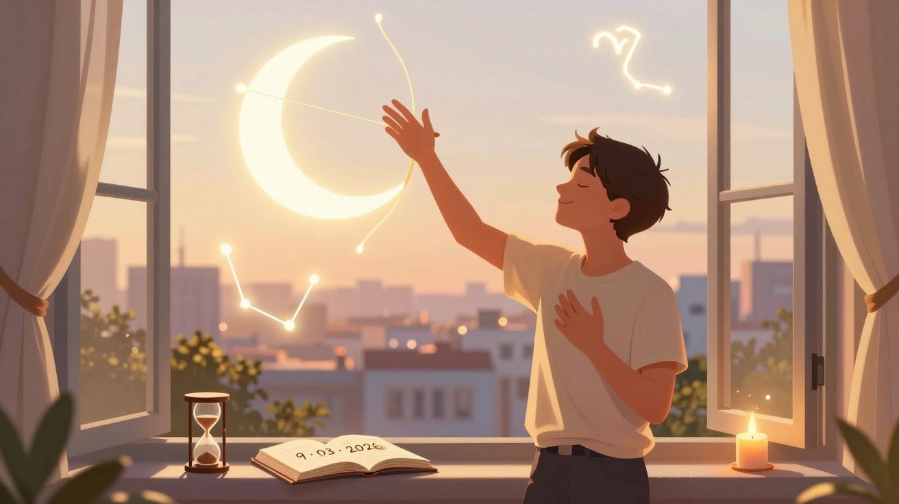 Rapaz junto à janela ao pôr do sol tocando símbolos cósmicos iluminados.