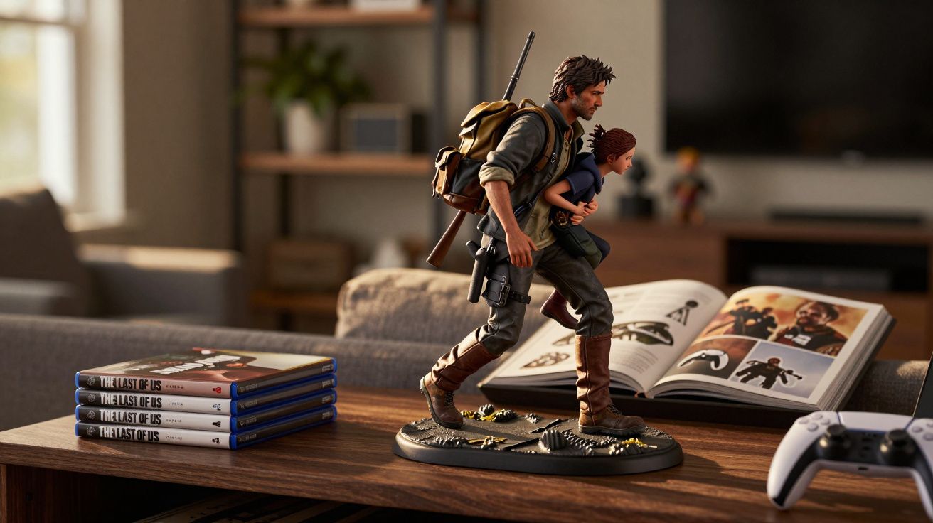 Figura colecionável de personagem masculina a carregar criança, ao lado de jogos e comando de videojogo numa mesa.