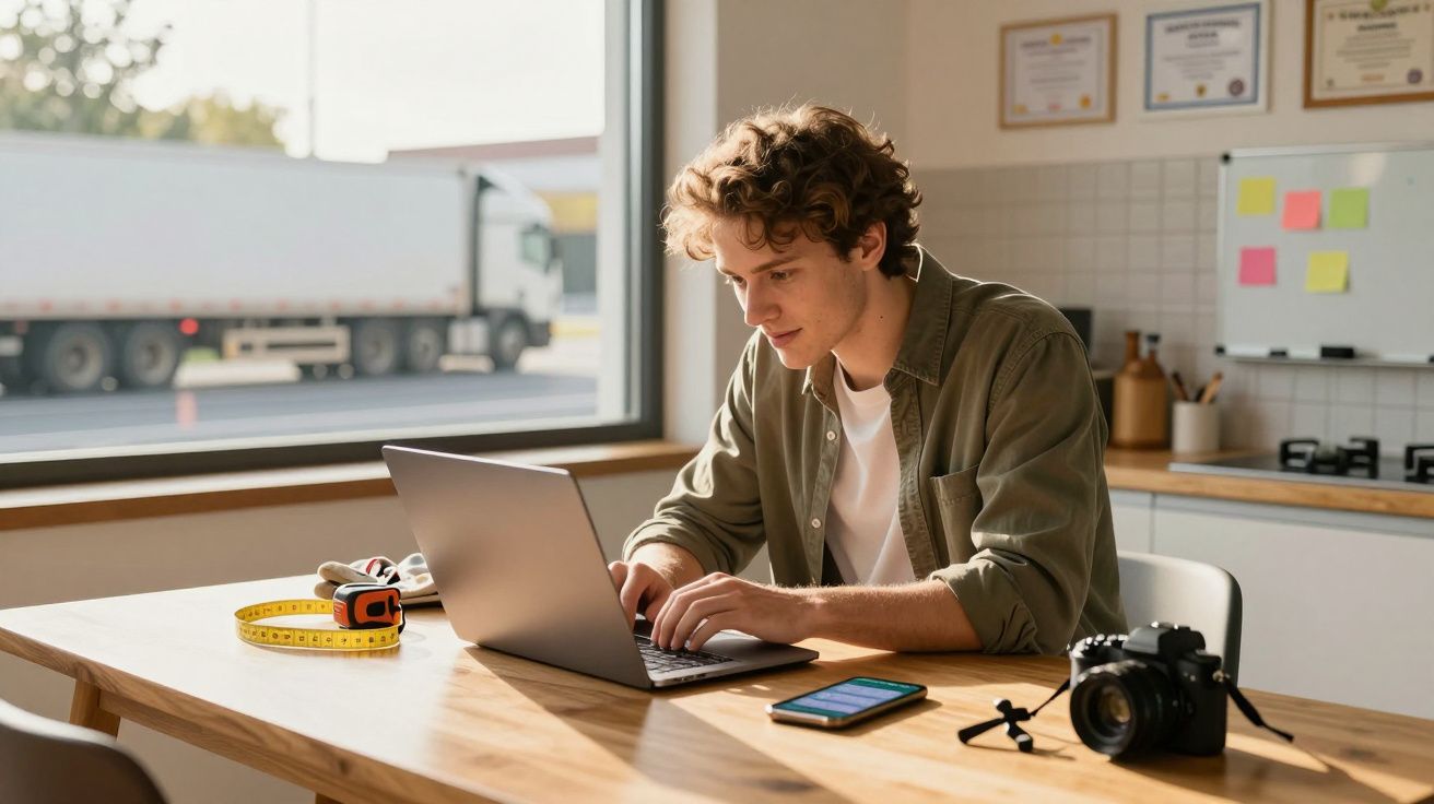 Homem jovem a trabalhar num computador portátil numa cozinha moderna com câmera e telemóvel na mesa.
