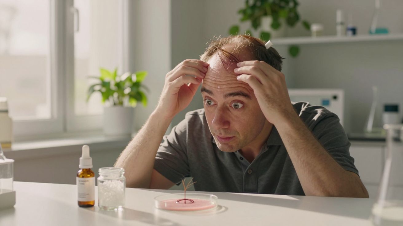 Homem calvo observa o seu cabelo numa mesa com frascos e uma cultura de célula em laboratório.