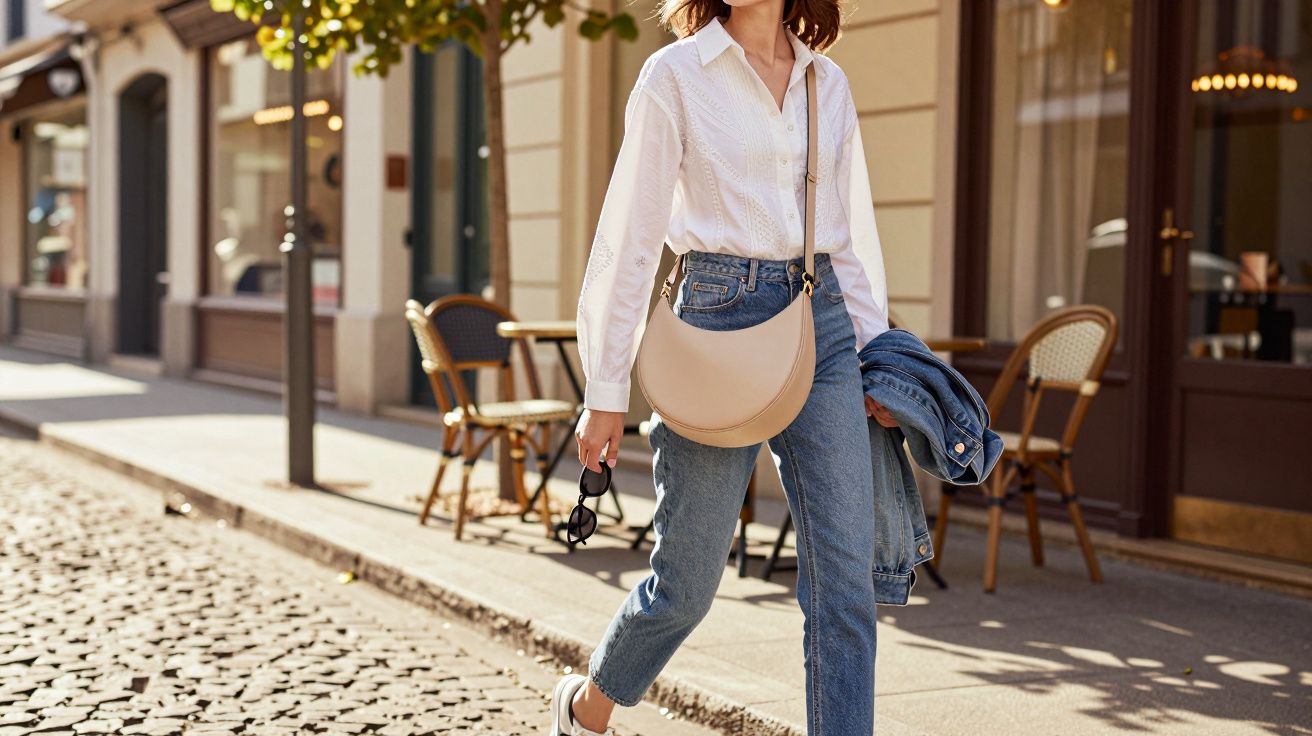 Mulher com camisa branca e jeans a caminhar numa rua de calçada com cadeiras de esplanada ao fundo.