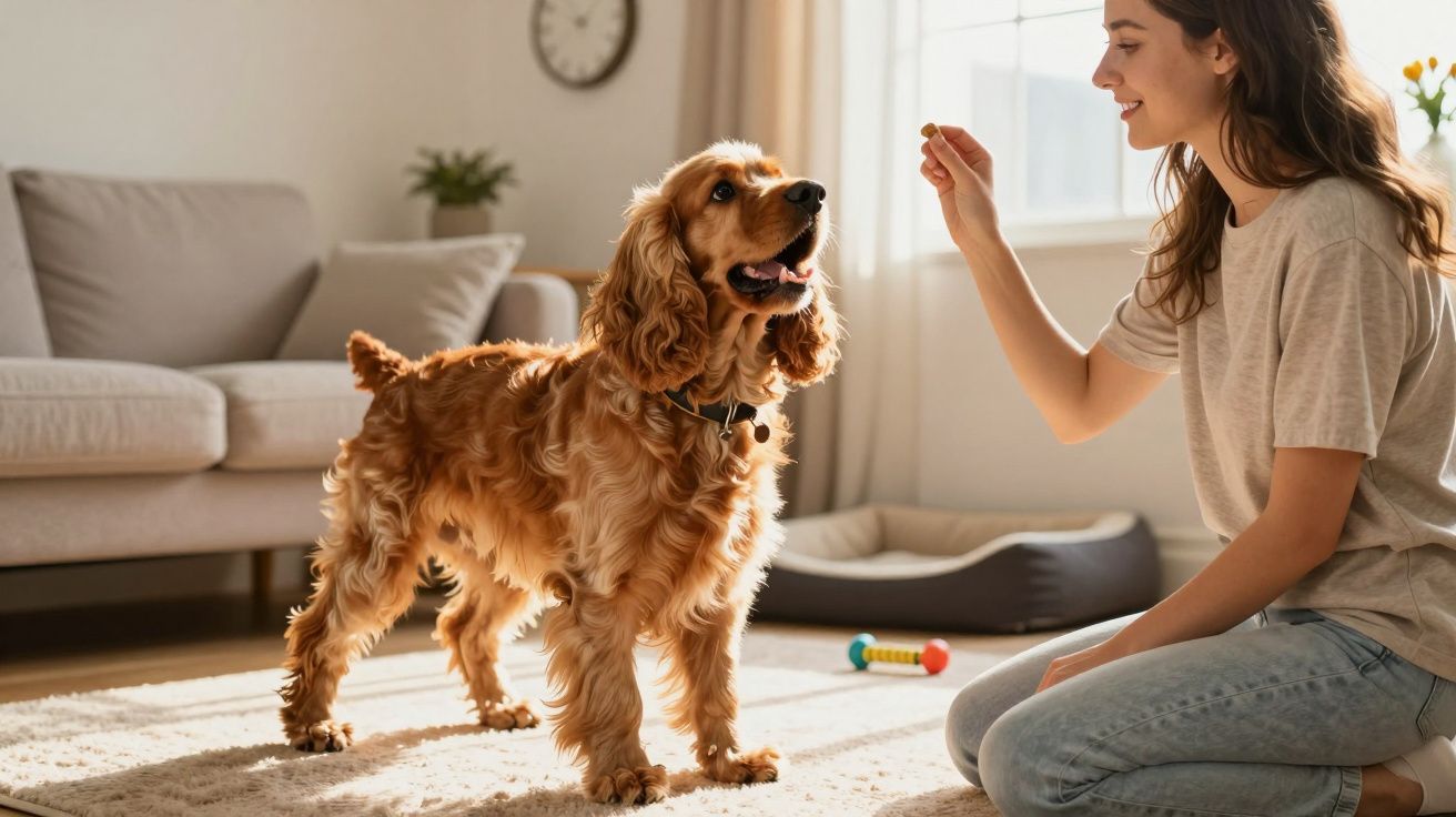 Mulher sentada no chão a brincar e alimentar um cão com pelo castanho dentro de uma sala.