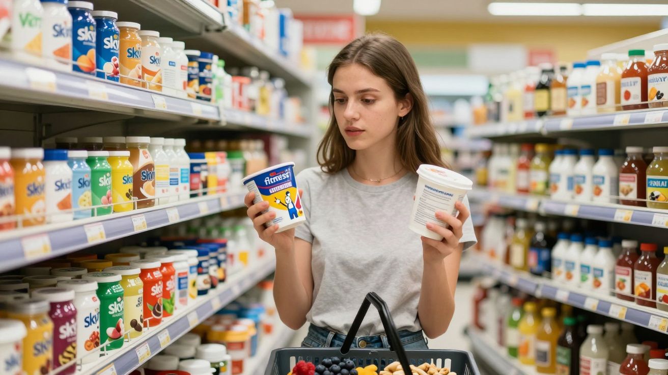 Mulher jovem segurando dois iogurtes e a escolher produtos num supermercado no corredor de lacticínios.