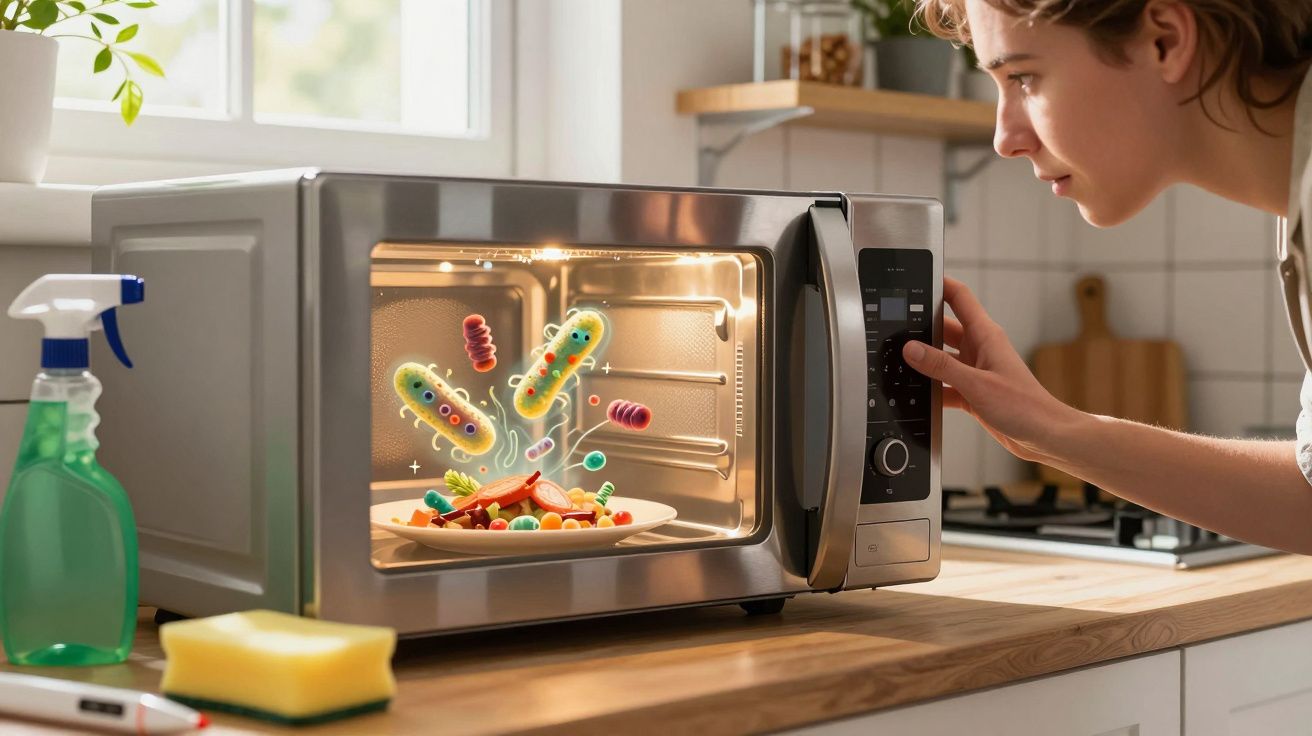 Pessoa a usar micro-ondas com imagem digital de bactérias coloridas numa refeição no interior.