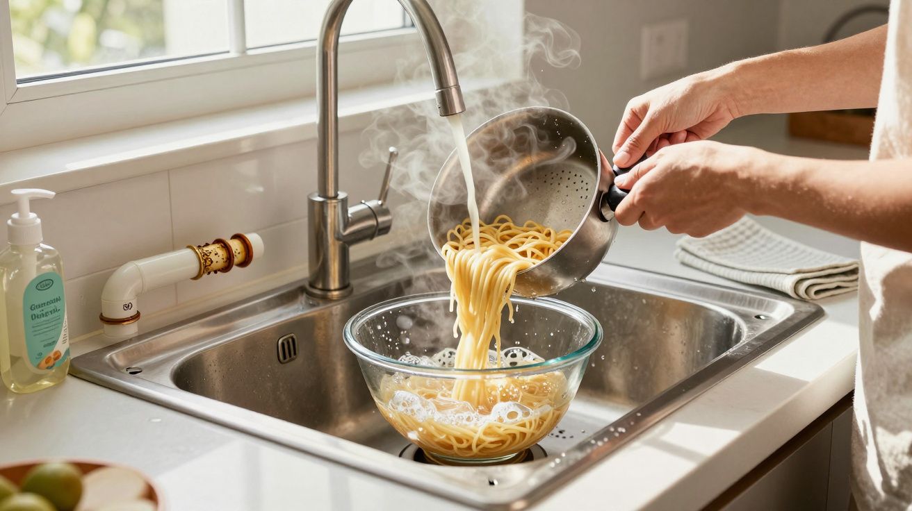Pessoa a coar massa quente numa taça de vidro na cozinha, com lava-loiças e sabonete líquido ao lado.
